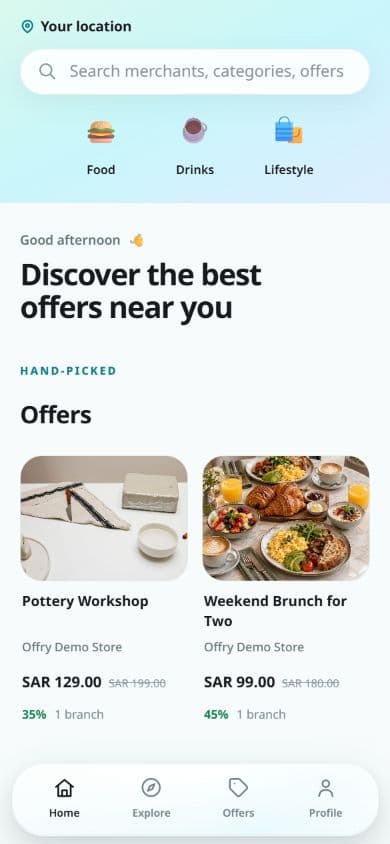 Offry discovery screen showing local offers and categories